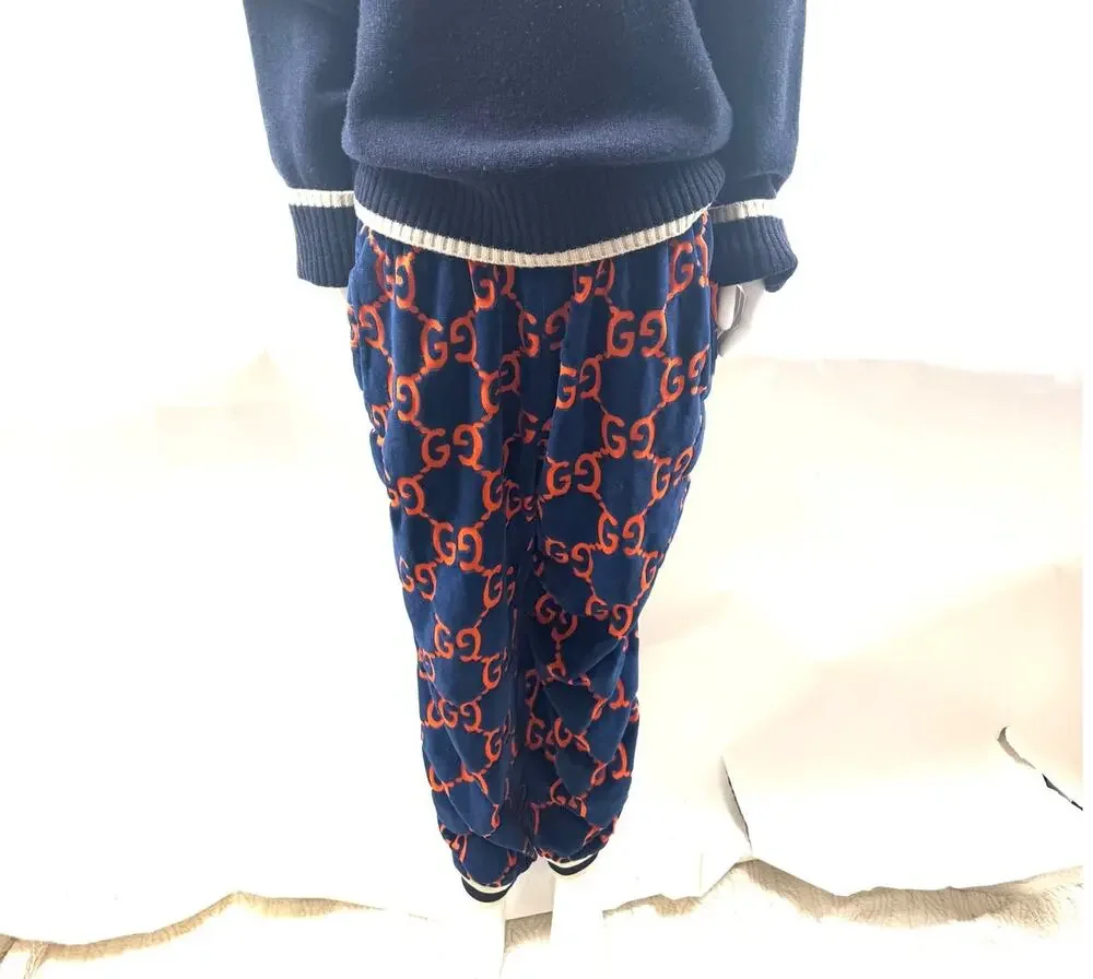 Gucci GG Velour Jogger Pants Size L Navy Orange Monogram Waffle Knit Sweatpants